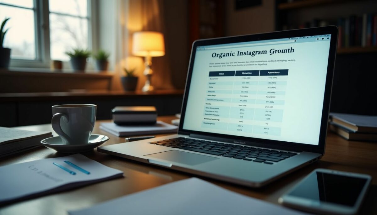 A cluttered desk with a laptop comparing organic Instagram growth and buying followers.