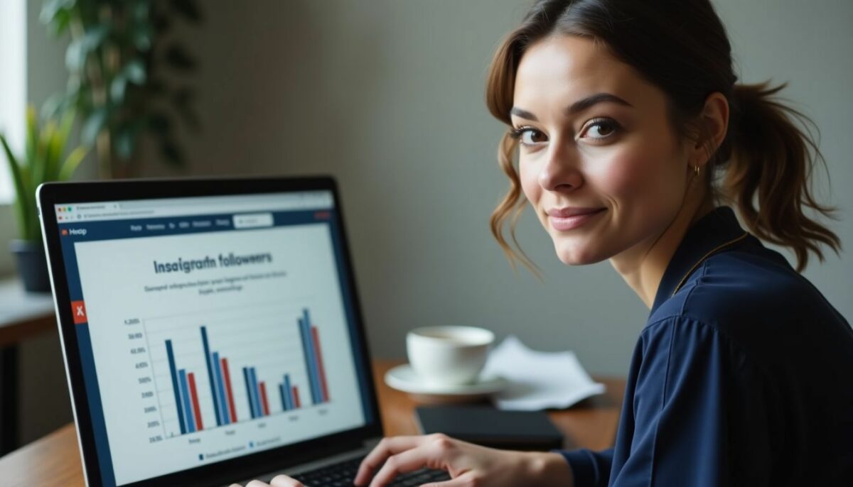 A woman at her desk analyzing Instagram engagement and followers.