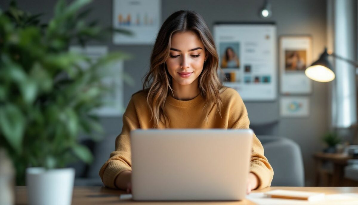 A young woman working on laptop in a modern office with social media analytics.