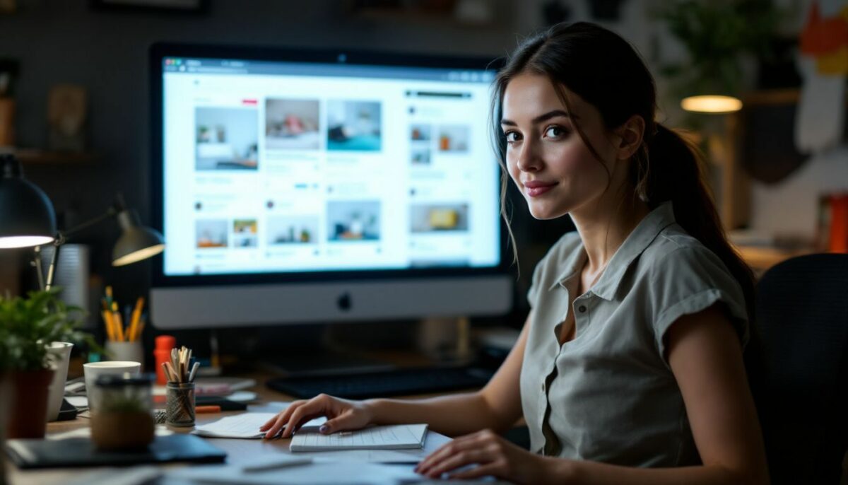 A young woman at a cluttered desk reviewing Instagram ad formats.