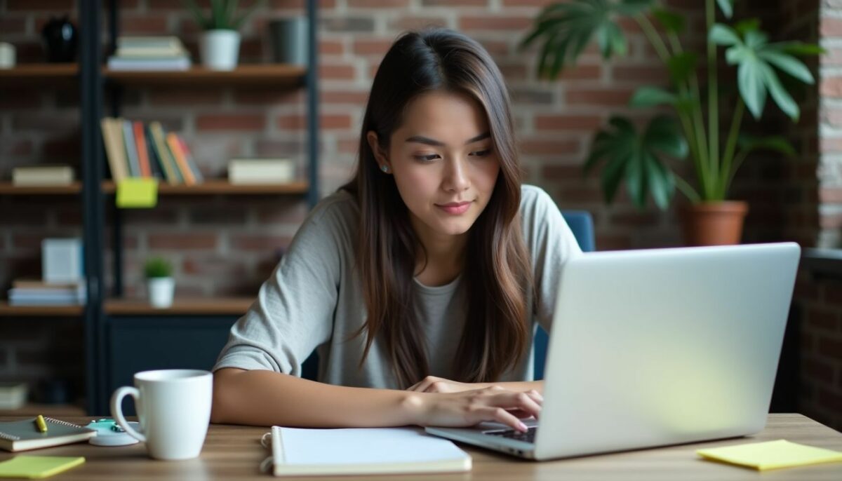 A young adult at a cluttered desk managing social media analytics.