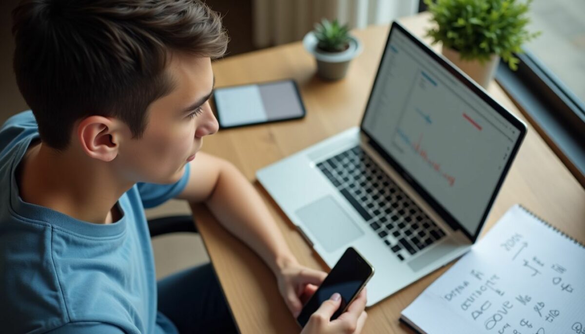 A young adult analyzing Instagram ad performance with marketing materials.