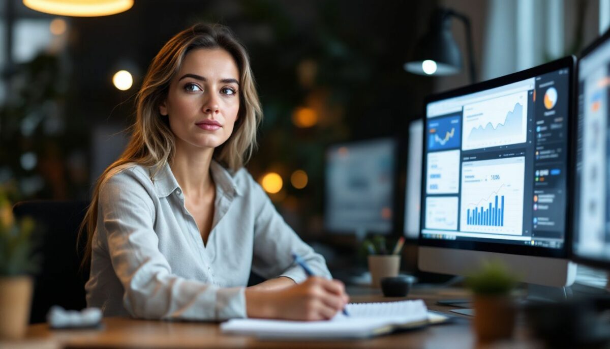 A woman is sitting at a desk working on advertising goals.