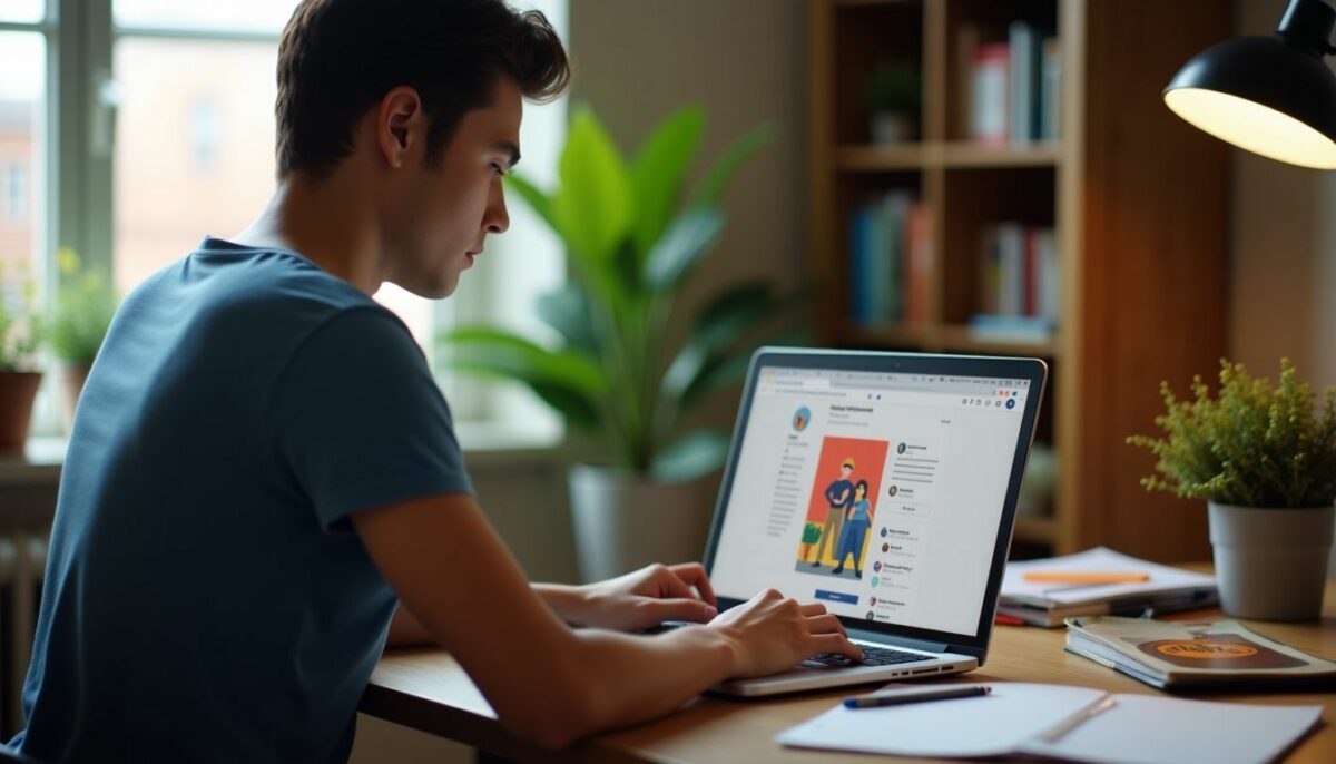 A young adult working on setting up an Instagram ad on a laptop in a cozy workspace.