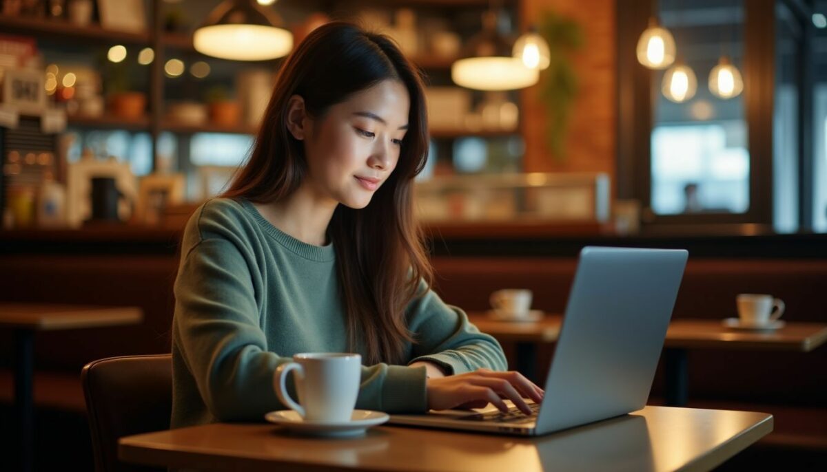 A young woman works on her laptop in a cozy coffee shop.