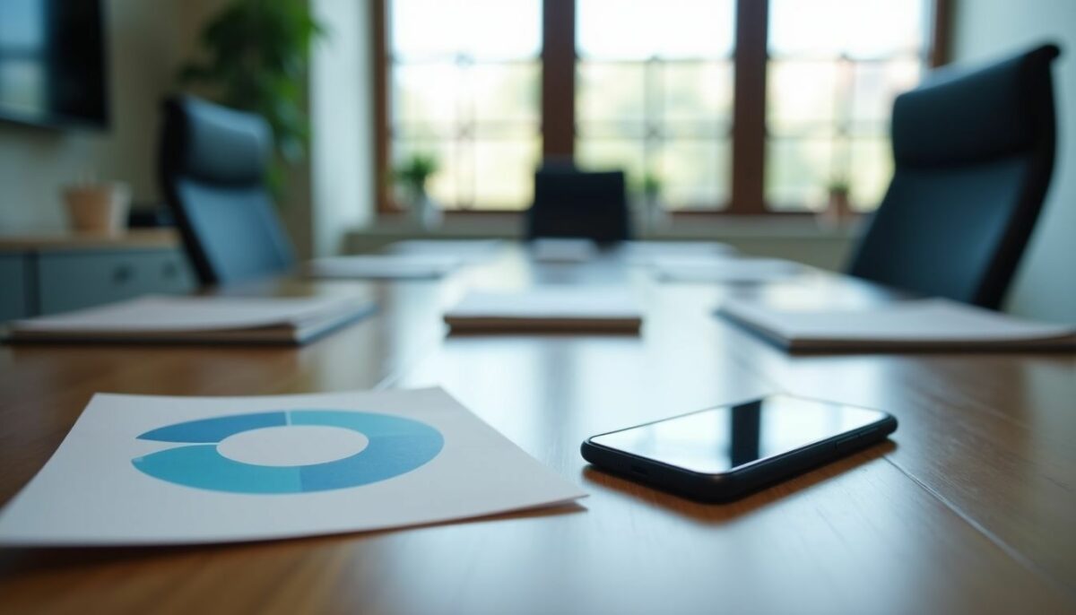 Branded collaboration materials on modern office conference table.