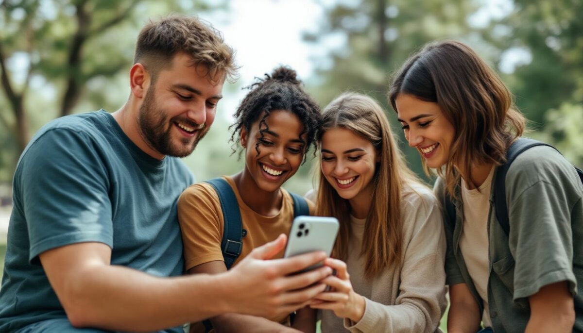 Four young adults excitedly look at a high follower count on a smartphone in a park.