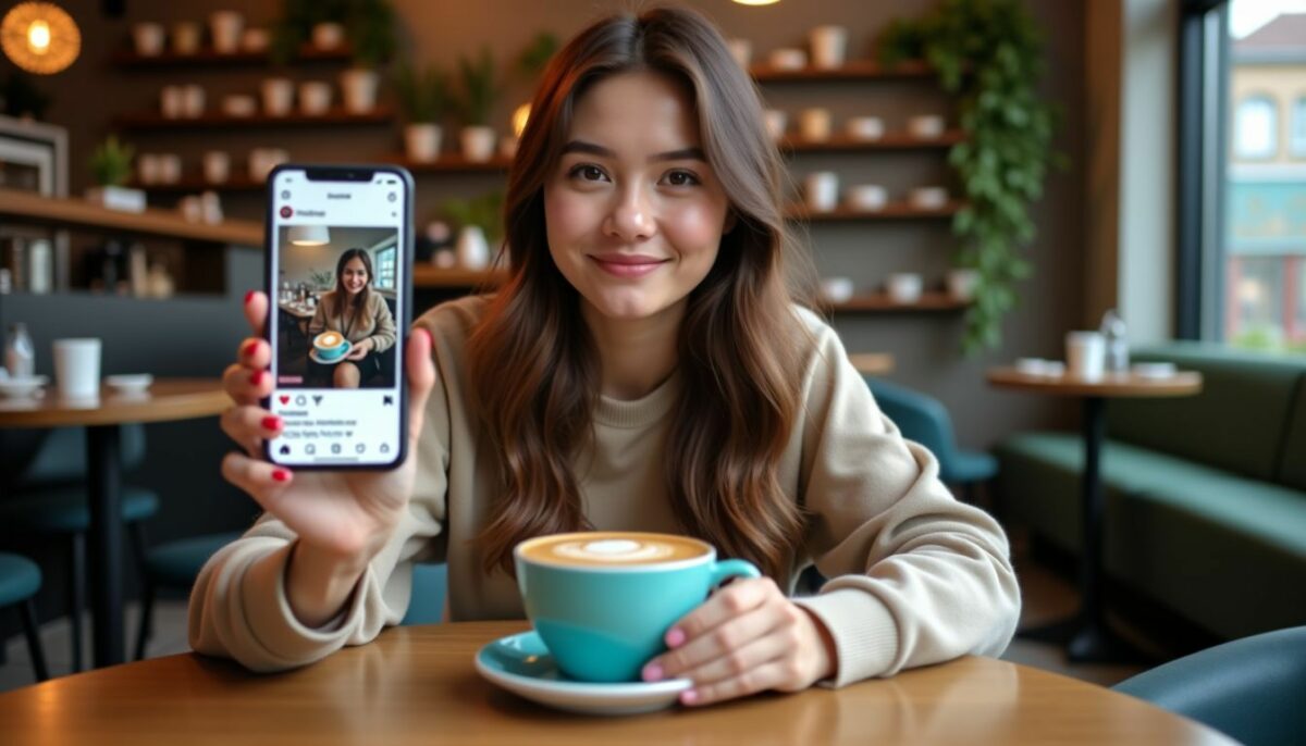 A young woman at a coffee shop looking at an influencer's Instagram.