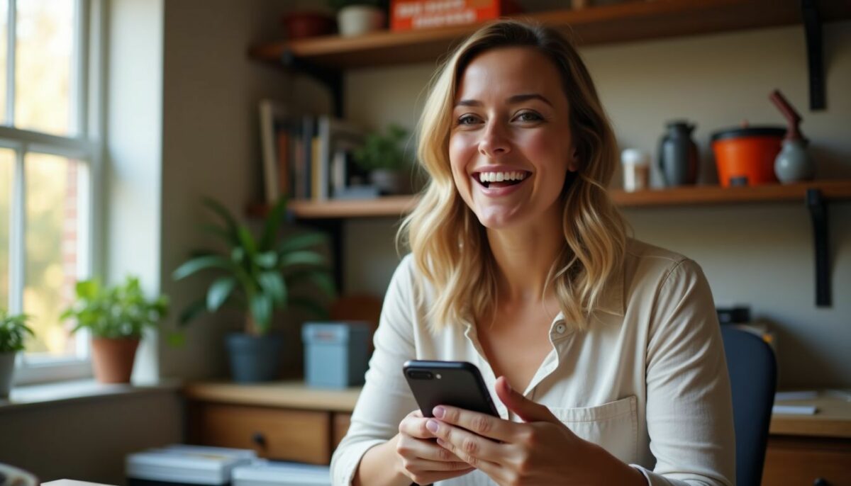 A woman films a cozy DIY tutorial in her home office.