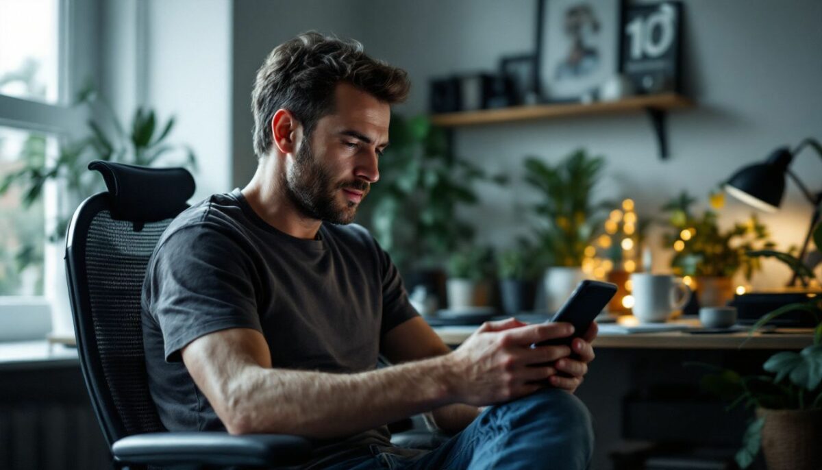 A man in a cluttered home office receives an Instagram shoutout.