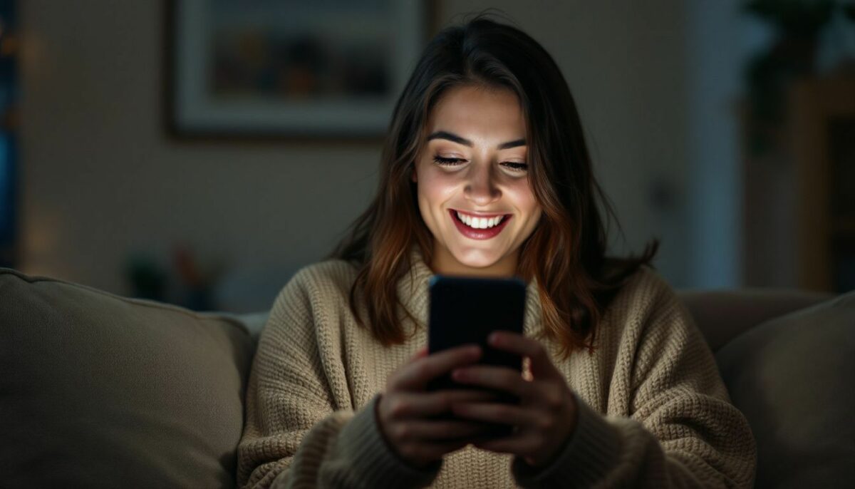 A woman excitedly checks her phone after gaining Instagram followers.