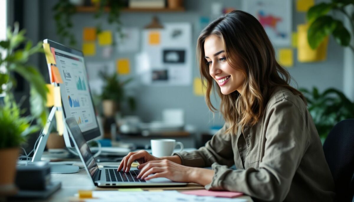 A digital marketer at work, surrounded by clutter and focused on analytics.