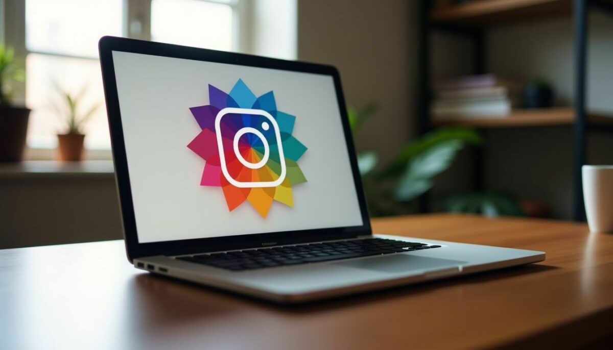 A laptop displaying a colorful Instagram ad in a cozy home office.