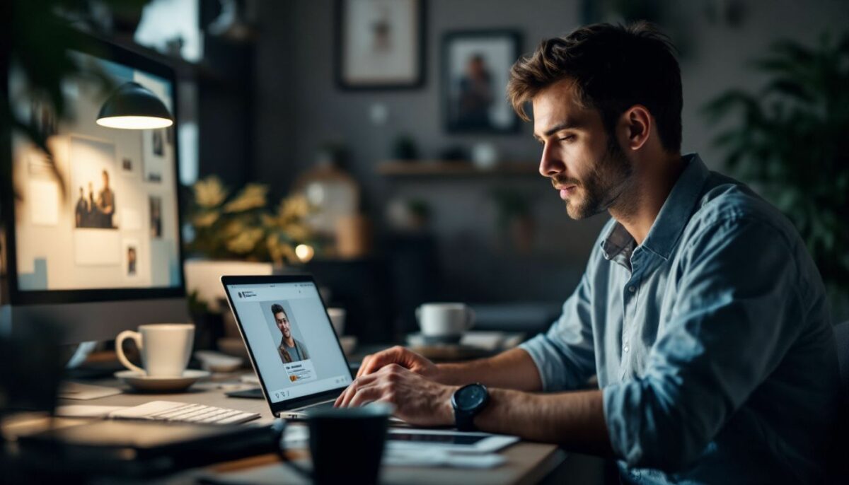 A digital marketer creating an Instagram ad in a cluttered office.