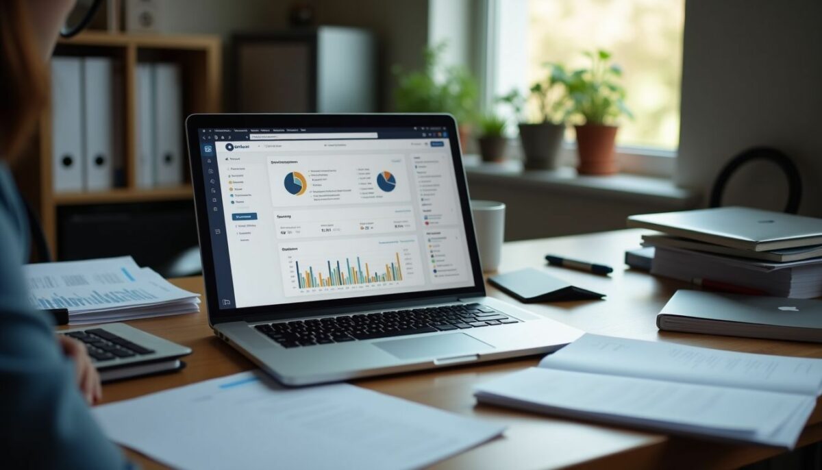 A cluttered workspace with an open laptop showing social media analytics.