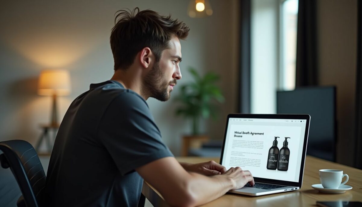 A man in casual clothing sitting at a desk and working on a Mutual Benefit Agreement with a brand on his laptop.