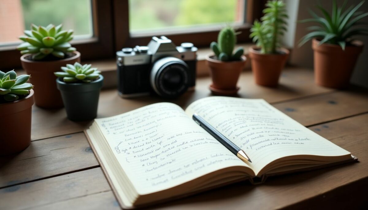 A rustic home office with succulents, vintage camera, and social media notes.