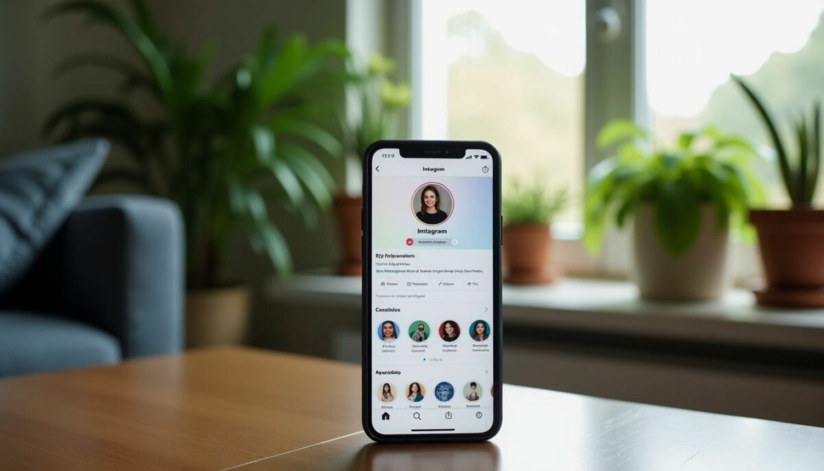 A smartphone displaying Instagram profile with increased followers in cozy living room.