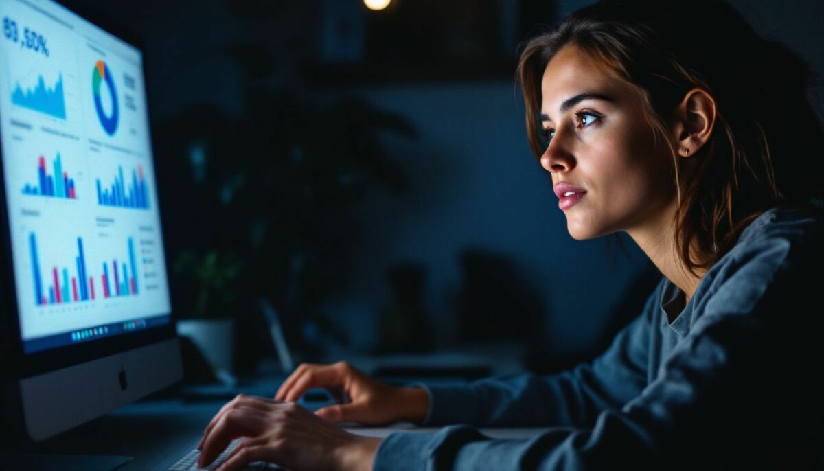 A young woman examining social media engagement metrics on a computer.