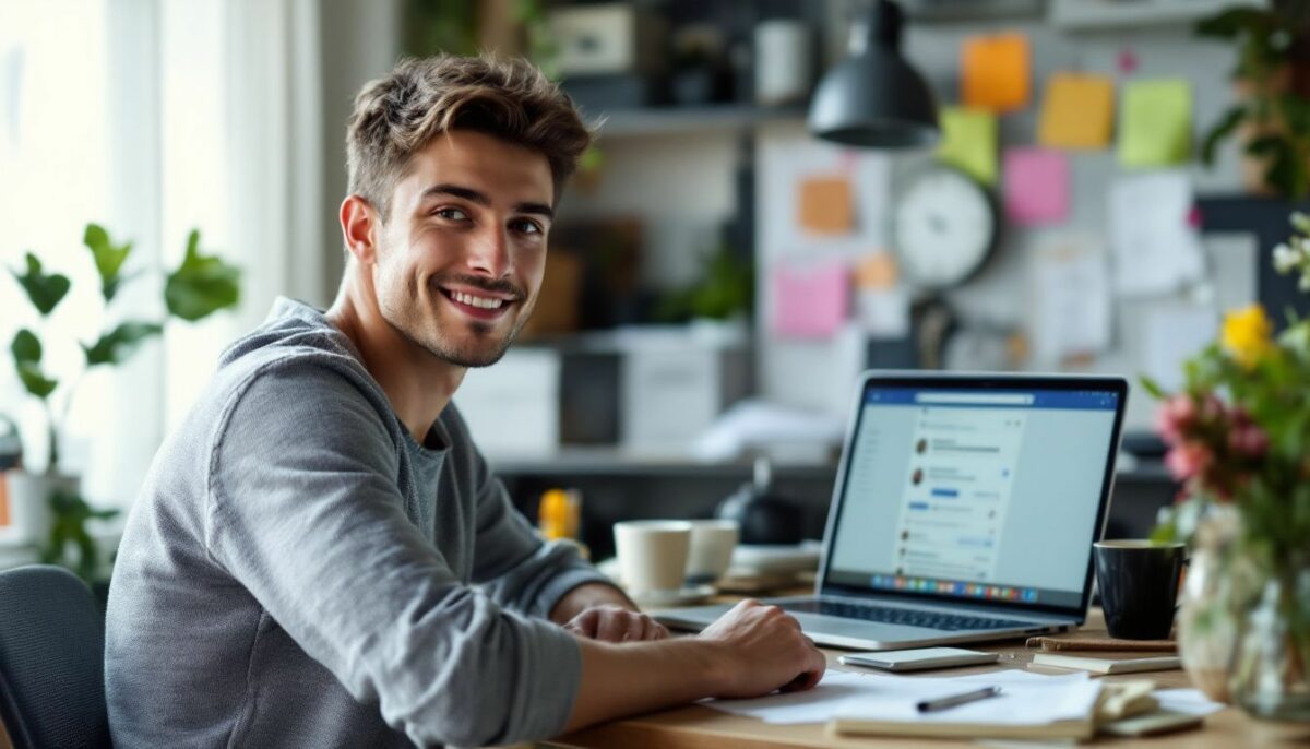 A person at a cluttered desk navigating Facebook Ads Manager.