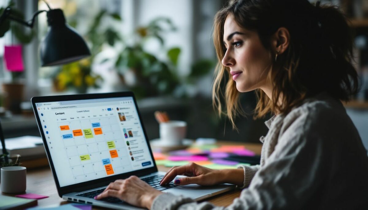 A woman working in a home office with laptop and content calendar.