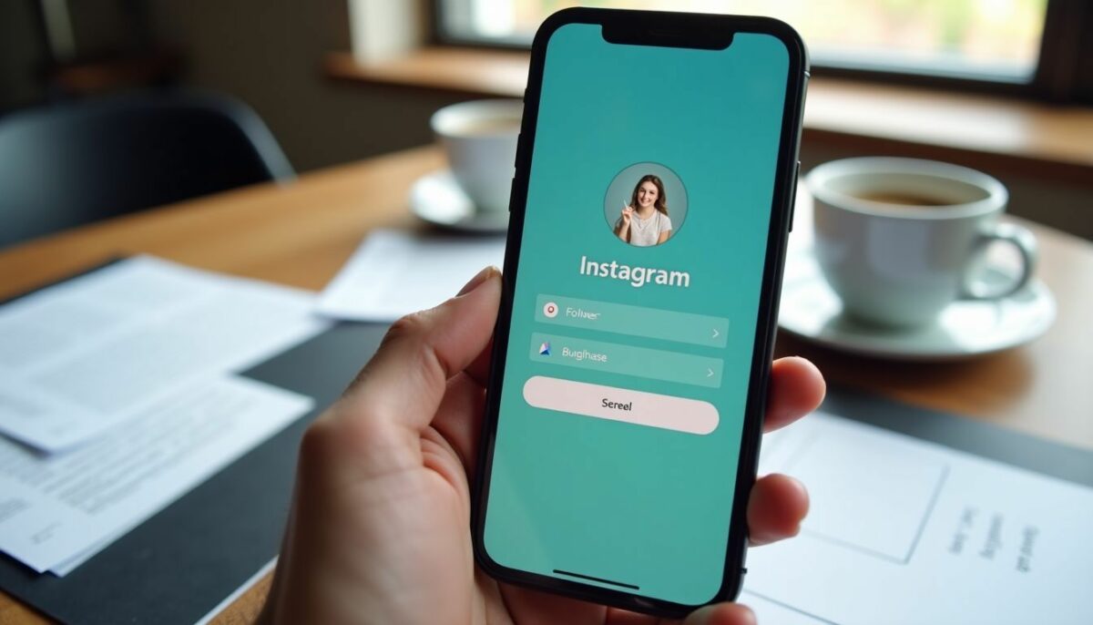 A smartphone displaying Instagram follower count and purchase options on a desk.