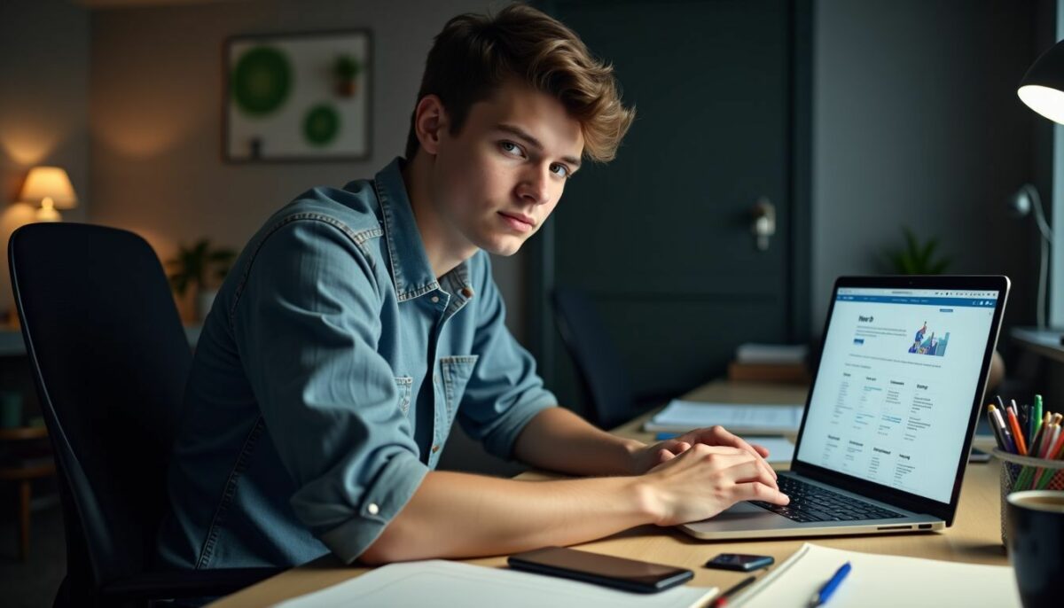 A young adult working at cluttered desk with social media analytics tools.