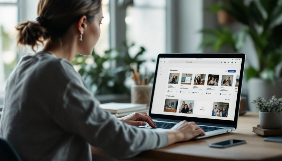 A woman in casual clothing is using Instagram Ads Manager on her laptop.