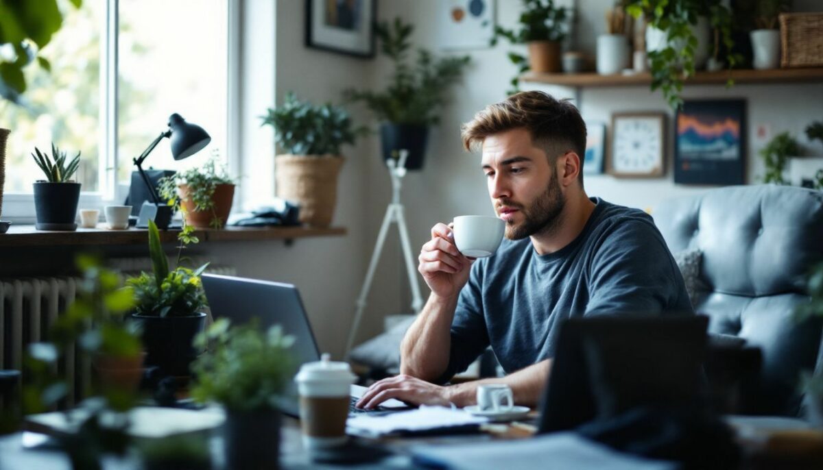 A business owner working on Instagram analytics in a home office.