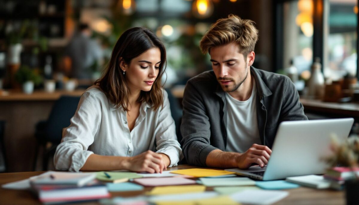 A couple working on social media promotion in a cozy coffee shop.