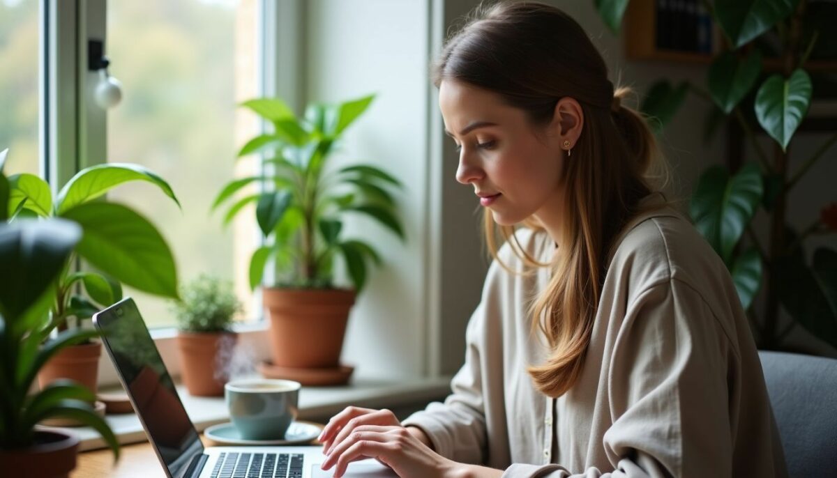 A woman working on her laptop in a cozy home office.